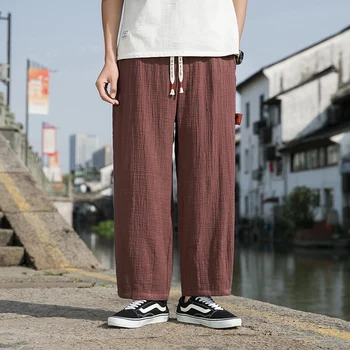 Мужские летние прохладные удобные широкие брюки из хлопка и льна, Свободные брюки Hanfu, повседневные брюки в китайском стиле размера Плюс M-5XL