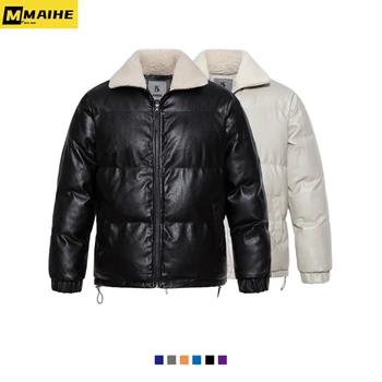 Зимняя куртка, мужская водонепроницаемая парка из искусственной кожи, уличная одежда в стиле хип-хоп, винтажный меховой воротник, утолщенная теплая мотоциклетная стеганая куртка
