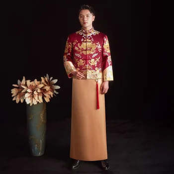 Традиционное Свадебное платье в китайском стиле 2022, Мужской Чонсам, Винтажный Ципао С Вышивкой Красного Дракона