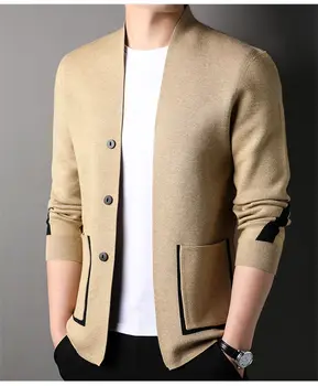 Высококачественный Новый брендовый модный базовый универсальный вязаный свитер, куртка, мужской кардиган с V-образным вырезом, осень-зима, однотонный цвет C77
