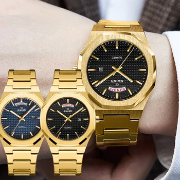 Роскошные часы SWISH из желтого золота Polygon для мужчин, кварцевые деловые часы Relogio Masculino с индикацией недели и даты, часы для деловой одежды 2022