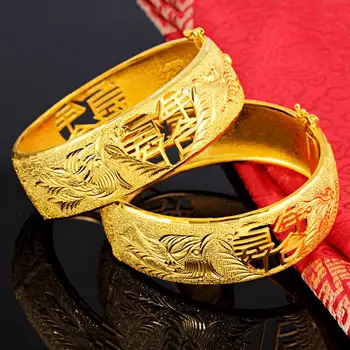 HOYON 24k Браслет из чистого золота для женщин, ювелирные изделия, Винтажный стиль, Соломенный Пустой Свадебный браслет с Драконом и Фениксом, свадебный 20 мм