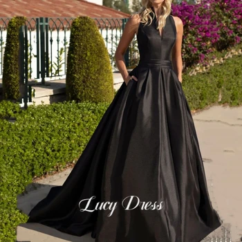 Платья Lucy Line A для выпускного вечера, платье 2023, Атласные Черные Вечерние Платья для особых мероприятий, Длинное Свадебное Платье с V-образным вырезом