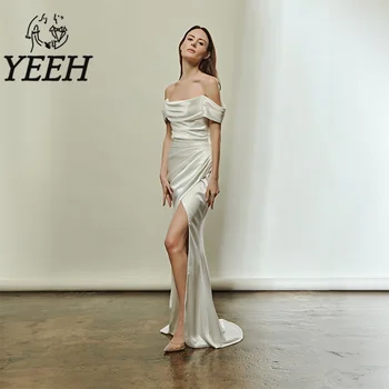 Свадебное платье YEEH с открытыми плечами, Плиссированное Атласное Простое Свадебное Платье, Элегантное Платье Русалки с Разрезом до пола, Vestido De Noiva для Невесты