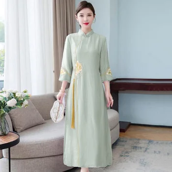 2023 осеннее новое китайское традиционное улучшенное платье ципао с длинной юбкой, женское винтажное шифоновое элегантное платье чонсам, вьетнамский ао дай
