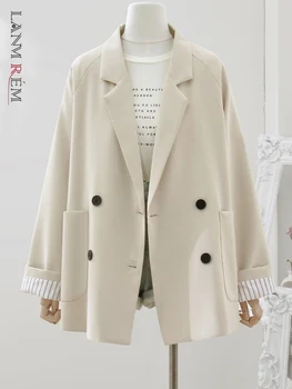 LANMREM Высококачественный повседневный блейзер, пальто для женщин, двубортный однотонный пиджак с длинными рукавами, офисная женская одежда 2023, Новинка 32D397