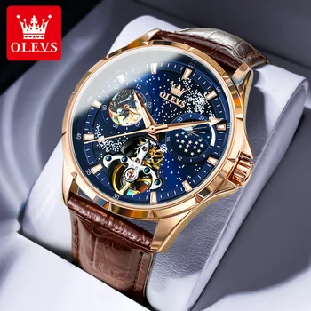 OLEVS 6671 Мужские часы с Турбийоном, автоматические механические часы для мужчин, Водонепроницаемое модное платье со светящейся фазой Луны