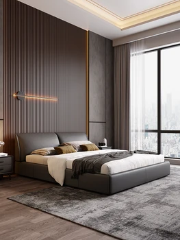 Итальянская минималистичная светлая роскошная кожаная кровать в главной спальне высококачественная простая мягкая кровать для хранения в скандинавском стиле из массива дерева
