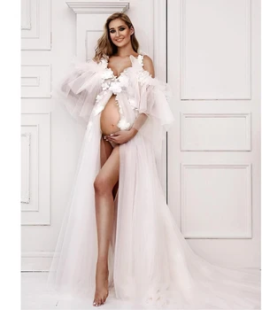 Сексуальные Белые халаты для беременных для фотосессии, Платья для беременных с цветочной аппликацией, Очаровательные платья для душа ребенка с разрезом спереди