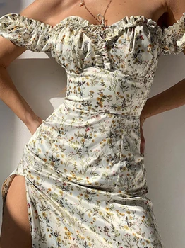 Модное Летнее Макси-платье с цветочным рисунком с открытыми плечами и пышными рукавами для женщин, Сексуальный халат на шнуровке с разрезом сбоку, Шикарное эстетичное платье до середины икры