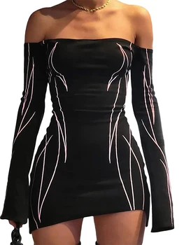 Женское Черное Облегающее мини-платье с длинным рукавом Y2k, платья с открытыми плечами в готическом стиле, Винтажное эстетичное летнее праздничное платье