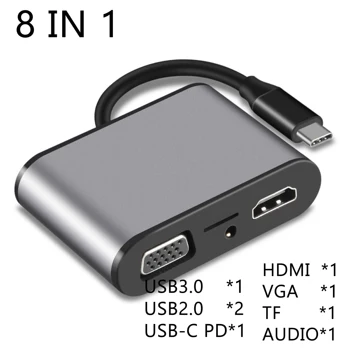 USB C Концентратор 8 В 1 Type C 3,0-4K HDMI Адаптер Док-станция VGA SD/TF Кардридер Аудио PD Быстрая Зарядка Для Ноутбука MacBook