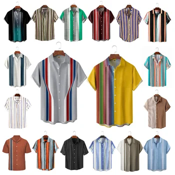 Мужская Гавайская рубашка большого размера, модная однотонная рубашка в контрастную цветную полоску с принтом, удобная мужская одежда