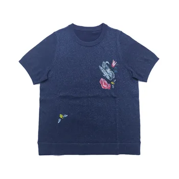 2023 Летняя Новая Дышащая футболка с вышивкой Бабочки и круглым вырезом и короткими рукавами для женщин