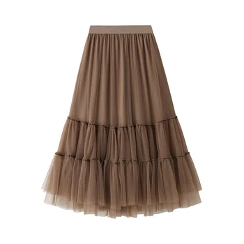 Осенне-зимняя новая модная повседневная фатиновая юбка, женские корейские милые сетчатые юбки трапециевидной формы, женская черная длинная плиссированная юбка миди