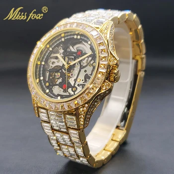 Золотые автоматические часы для мужчин, роскошные бриллиантовые мужские механические часы с ручным заводом, светящиеся водонепроницаемые часы, Прямая поставка