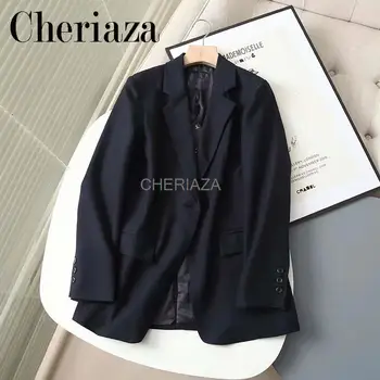 CHeriaza Новый шерстяной OL стиль, смешанный однотонный однобортный приталенный блейзер + брюки для костюма с высокой талией