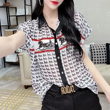 Модная рубашка с винтажным принтом и бриллиантами, Летний отложной воротник, Повседневная Шикарная однобортная женская корейская Свободная блузка с разрезом