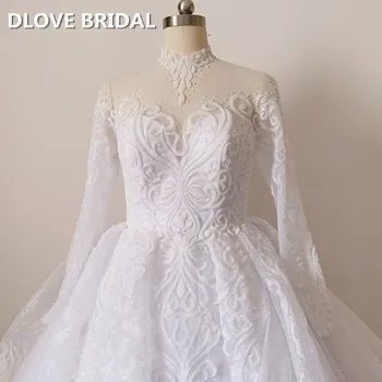 Роскошное Бальное платье с высоким воротом, Свадебное платье с длинными рукавами, расшитое бисером, Кружевное Свадебное платье Реальные фотографии