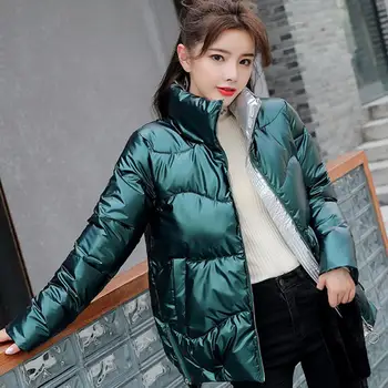 40% Модная женская осенне-зимняя глянцевая куртка с воротником-стойкой, хлопковое пуховое пальто на подкладке