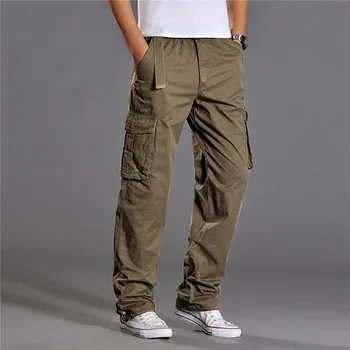 2023 Мужские повседневные хлопчатобумажные брюки с карманами, свободные прямые брюки-труба, эластичные рабочие брюки, брендовые облегающие брюки для бега трусцой, мужские брюки большого размера