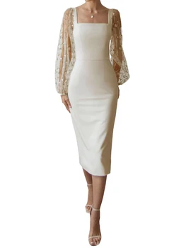 Изысканное сетчатое облегающее платье Y2K с вышивкой, длинными прозрачными рукавами и квадратным вырезом для коктейльных вечеринок и
