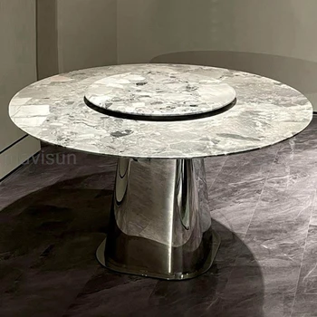 Современный обеденный стол с поворотным кругом Мебель для дома на 4-6 персон Салонный ужин Круглый серебристый металлический каркас Мраморный рабочий стол