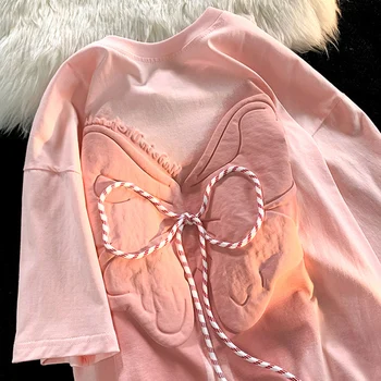 Хлопковая футболка с бабочкой и короткими рукавами, Женское Летнее платье 2022 Средней длины с 3D декоративным круглым вырезом, Модный винтажный топ