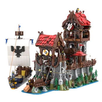 Средневековый корабль MOC высокой сложности, морская змеиная лодка и волчья стая, башня, классический замок, строительные блоки, модель города, игрушки в подарок