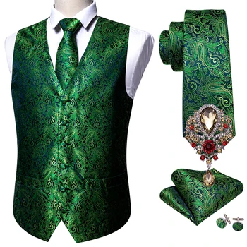 5 шт., Дизайнерский мужской свадебный костюм, жилет, Зеленый жаккардовый жаккардовый жилет, броши для галстука, жилет, Комплект Barry.Wang Groom