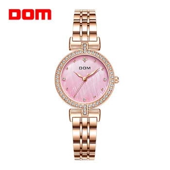 Женские часы DOM, Модные кварцевые часы, браслет, Розовый циферблат, Простая сетка из розового золота, Роскошные женские часы, подарок для дам