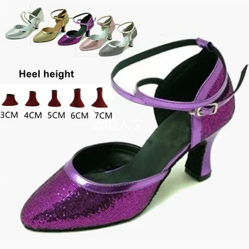 Танцевальная обувь для Сальсы с закрытым носком, женская обувь для латиноамериканских танцев, блестящие туфли на высоком каблуке 5 см, 6 см, 7 см, обувь для бального танго, женские босоножки