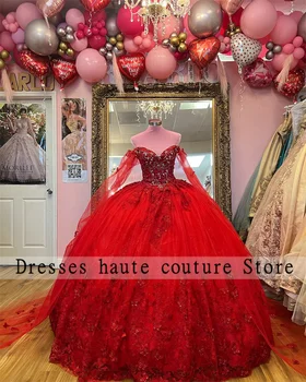 Пышные платья из красного тюля, бальное платье 2023, расшитое бисером, 3D цветы, вечернее платье с открытыми плечами, на шнуровке, Vestidos De Quinceanera