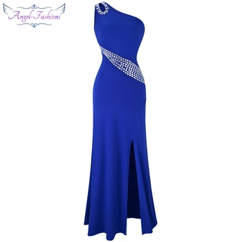 Angel-fashions Длинное Вечернее платье с разрезом на одно плечо, расшитое бисером, синее 075 411