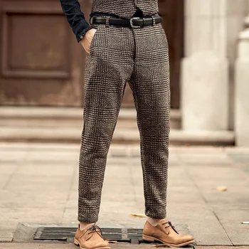 Классический покрой мужских костюмных брюк из шерстяного твида Кофейного цвета, облегающие брюки, повседневные брюки Жениха для свадебной вечеринки