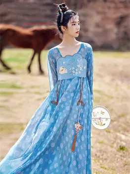 2023, китайское платье ханфу, народный костюм, традиционное национальное шифоновое длинное платье с древним цветочным принтом и вышивкой, платье принцессы