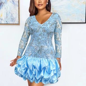 Синие женские платья с блестками, V-образный вырез, длинный рукав, облегающее платье длиной мини, Элегантное Женское платье для вечеринки в честь Дня рождения, Vestidos Mujer, платье
