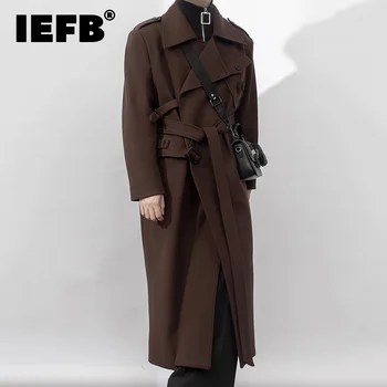 Мужское пальто в стиле Сафари IEFB, Ветровка средней длины выше колена, Осенне-зимний Корейский Модный Шерстяной Тренч с Поясом Высокого Качества 9C1268