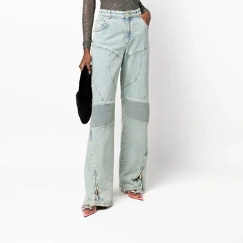 2023 Летние Новые женские брюки Y2k, однотонные, с высокой талией, на молнии, модные, Повседневные, хлопковые джинсы