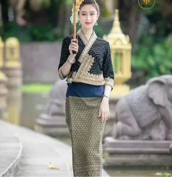 Традиционное женское платье Дай Винтажная одежда Тайский весенний костюм Черный Стиль Новый