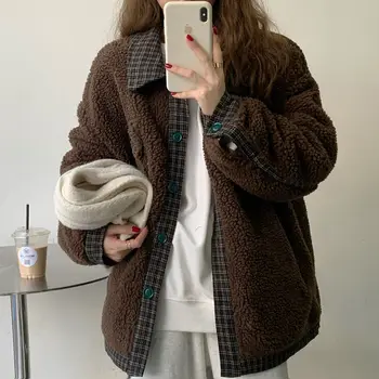 Зимнее пальто для женщин из шерсти ягненка, куртки в стиле ретро, теплая корейская модная хлопковая куртка в клетку, свободная, утолщенная