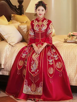 Женская Восточная одежда для Тостов, Китайское Свадебное платье с вышивкой Феникса, Традиционный Чонсам Сюхэ, Современные кисточки Ципао