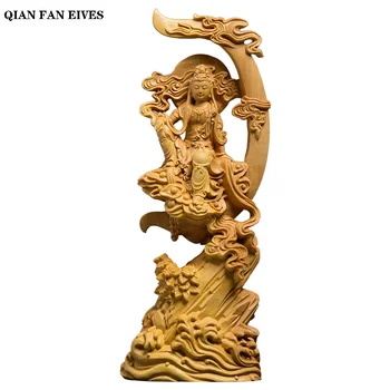 Деревянная резная статуя Солнца и Луны Гуаньинь, скульптура современного искусства, китайская статуя Бодхисаттвы Гуаньинь, украшение дома, гостиной, статуя