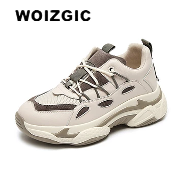 WOIZGIC/Женская Вулканизированная Обувь Для девочек, Спортивные Кроссовки из натуральной кожи на Шнуровке, Увеличивающие Рост, Дышащие YDL-G507