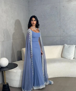 Пыльно-голубое шифоновое вечернее платье с длинной накидкой длиной до пола, Элегантное бальное платье для вечеринки 2023 vestidos de noche