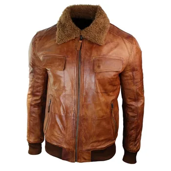 Мужская Кожаная куртка Коричнево-коричневого цвета со съемным меховым воротником, кожаная куртка пилота-авиатора