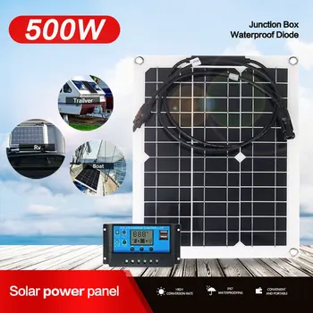 Гибкая солнечная панель мощностью 500 Вт, зарядное устройство 12 В, двойной USB с контроллером 10A-60A, блок питания для солнечных батарей для кемпинга на открытом воздухе