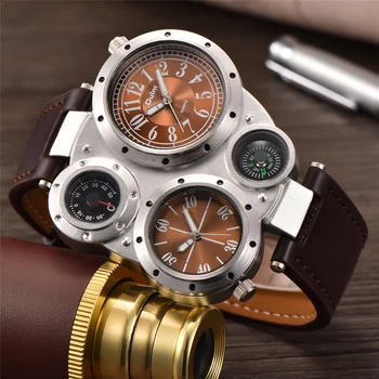 Роскошный бренд Oulm с большим лицом, Оригинальные импортные кварцевые часы, Мужские Уникальные Дизайнерские часы с двойным временем, Декоративный компас, наручные часы