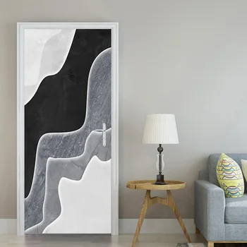 Водонепроницаемая самоклеящаяся наклейка на дверь из ПВХ, Черный, белый, Серый, с геометрическим рисунком, фотообои, Спальня, гостиная, Настенное украшение 3D