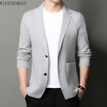 Шерсть высшего сорта, 5%, Новый бренд, модный вязаный Кардиган в корейском стиле, Мужской приталенный свитер, повседневные однотонные пальто, куртка, мужская одежда 2023